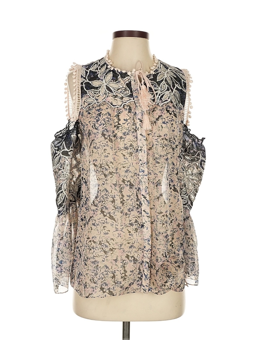 Kobi Halperin Sheer Pink Floral Cold-Shoulder Blouse with Black Embroidery